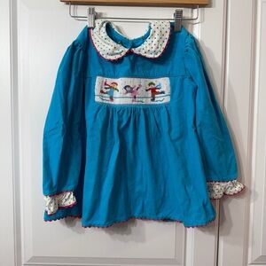 Little Threads Blue Smocked Ice Skating Corduroy Dress Size 6 Kids girls